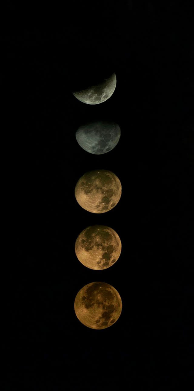 夜空中依序排列的月相：由缺到圓